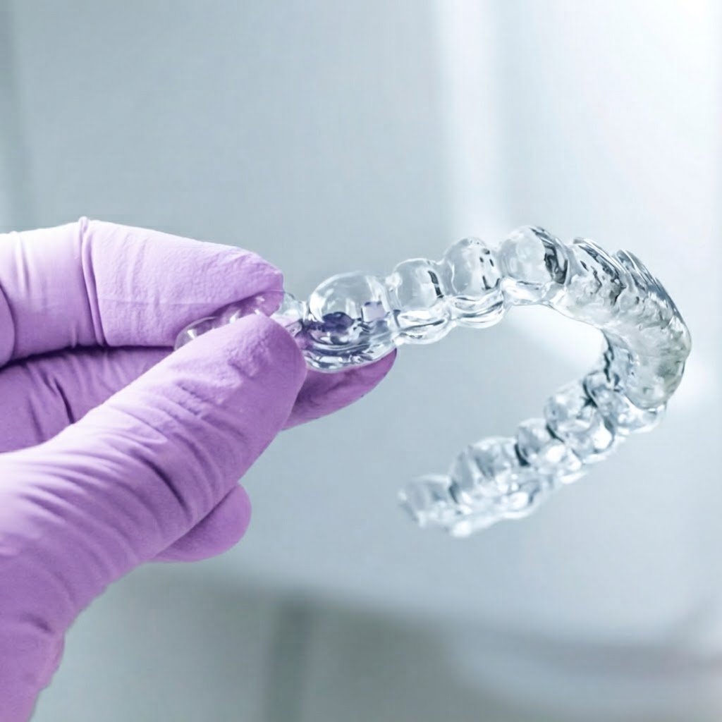 Clear aligners held in hand before orthodontic treatment