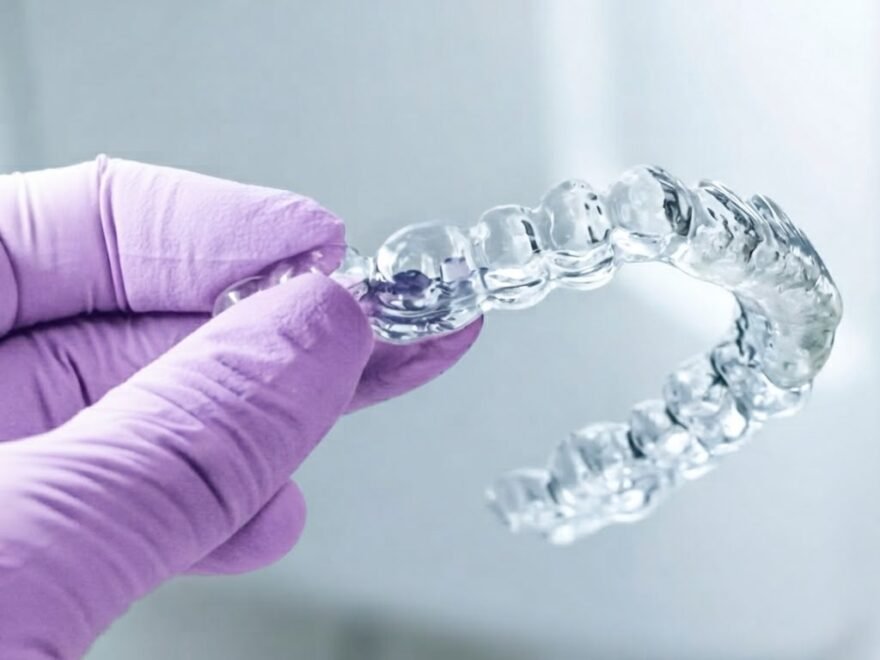 Clear aligners held in hand before orthodontic treatment